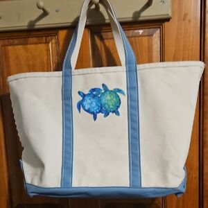 White Tote Bag with Blue Turtle Design